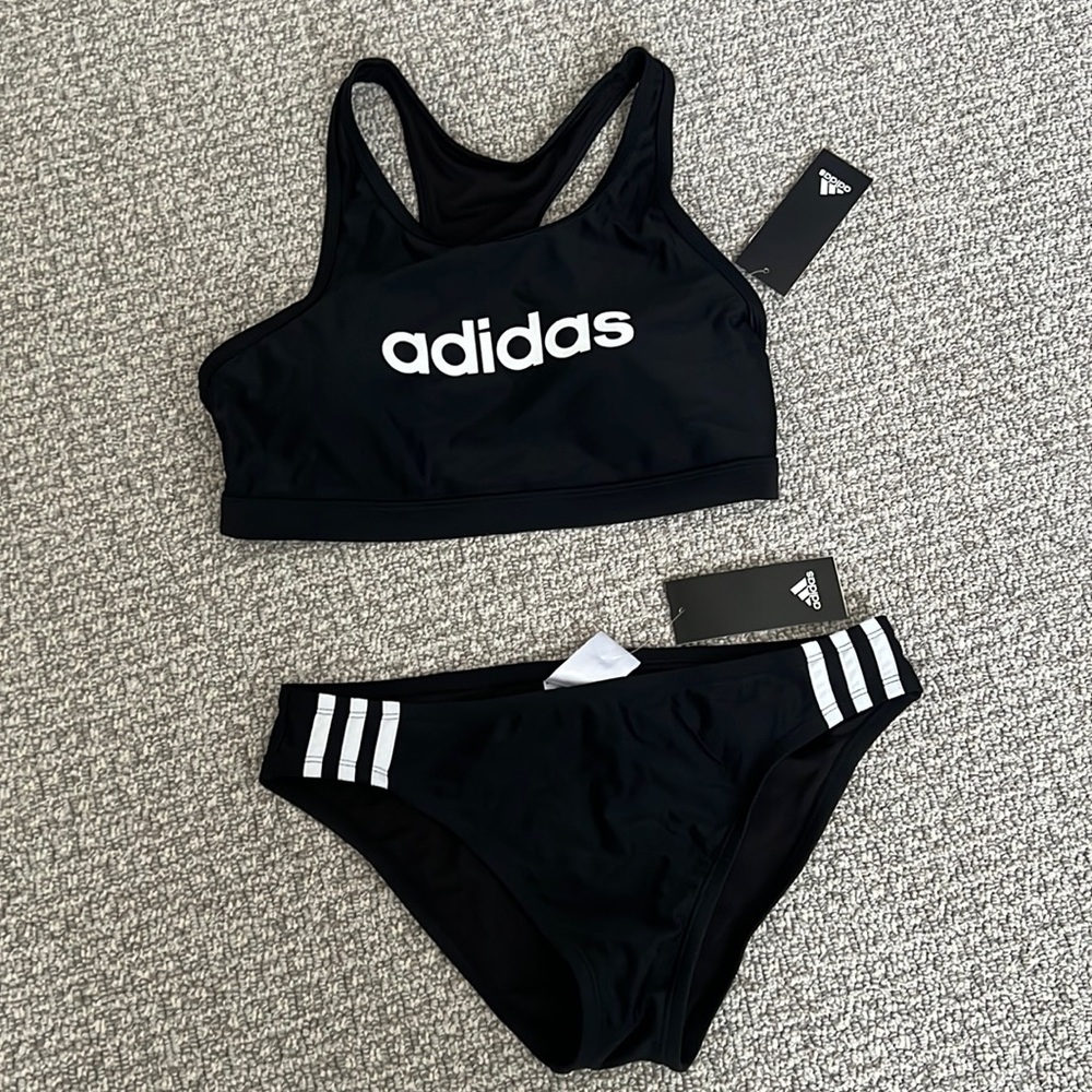 🟢 New Adidas Sport Bra Hipster swimwear Swim Suit Active M Classic Black White